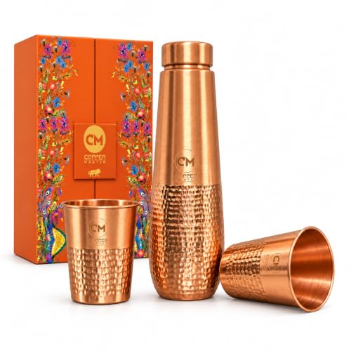 Image of Copper-Master Pure Copper Water Bottle 1L & 2 Glasses Set, Half Hammered