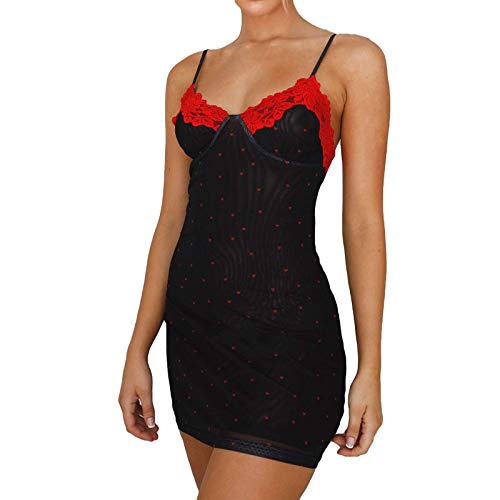 Women?s Sexy Lace Floral Dresses Bodycon Patchwork Spaghetti Strap V Neck Camisole Dresses Y2K Mini Club Dress (Tfn4 Black Lace,X-Large)