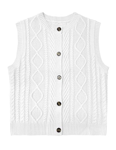 Girls Sleeveless Button Down Sweater Vest Crew Neck Knit School Uniform Cardigan Tank Top, 13-14Y, White