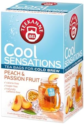 Teekanne Peach & Passion Fruit Cold Brew Tea Infusion Ice Cool Sensations All Natural Real Fruit with Apple, Rosehip, Hibiscus 18 Teabags, 100.0 grams