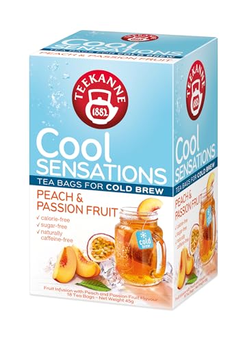 Teekanne Peach & Passion Fruit Cold Brew Tea Infusion Ice Cool Sensations All Natural Real Fruit with Apple, Rosehip, Hibiscus 18 Teabags