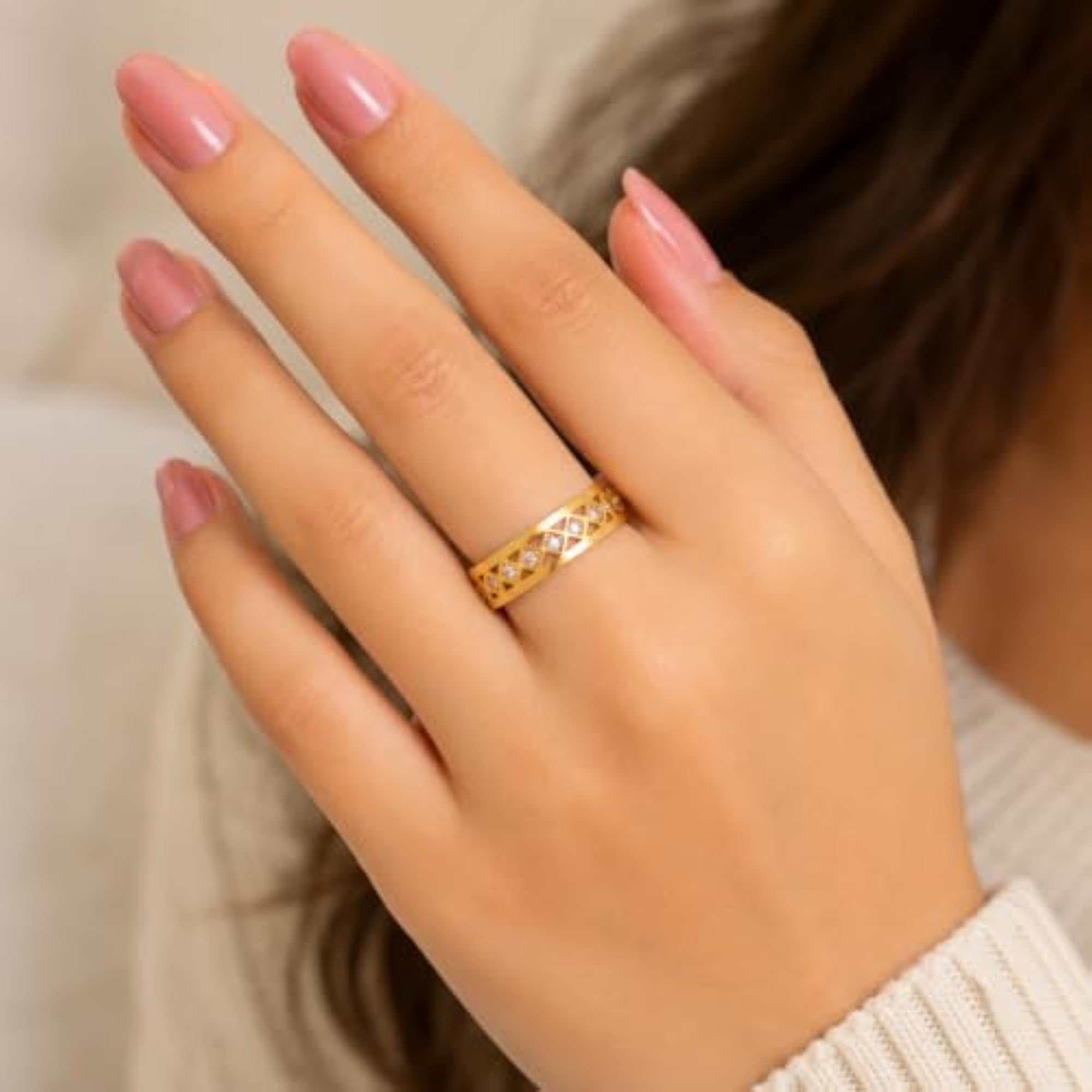 Women's Anti Tarnish Gold Plated Geometric Crystal Studded Openwork Ring