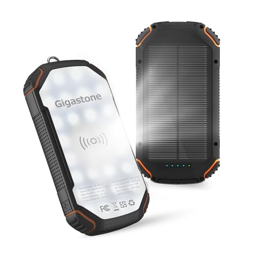Gigastone Tough Tested Solar Power Bank 20000mAh Portable Charger for Outdoor Activities, Qi Wireless, SOS Flash Light, Waterproof, Dual USB Output, Type-C Lightning Input 1-Pack