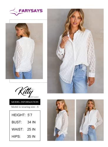 Farysays Womens Blouses & Button-Down Shirts For Work Long Sleeve V Neck Solid Color Spring Summer Fashion Light Thin Sheer Tops White L #TOP3