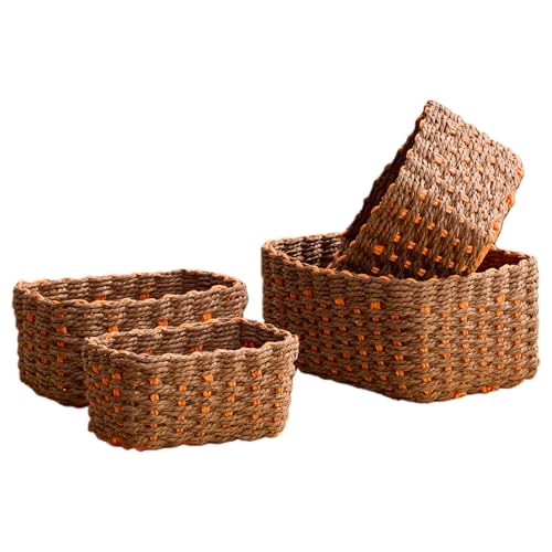 4PCS Woven Storage Baskets Set, Small Baskets for Organizing, Square Handwoven Paper Rope Organizer Bins for Shelves and Home Storage (Brown & Orange)