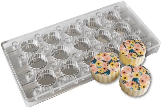 Magnetic Polycarbonate Chocolate Circle Mould - Fluted Circles/Scalloped Edge Chocolate Rounds - Compatible with Chocolate Transfer Sheets
