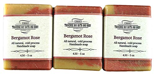 Traverse Bay Bath and Body, Bergamot Rose with French pink clay, all natural handmade cold process soap, essential oil soap. 3 bar pack 15 + oz. Made in the USA