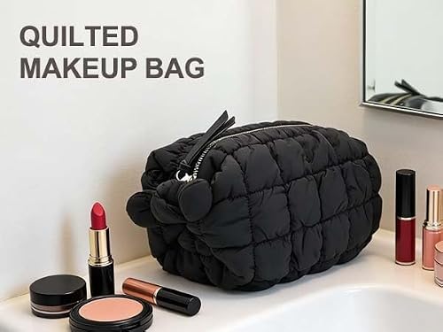 Puffy Quilted Makeup Bag Travel Pouch with Inner Pocket, Black — view 6