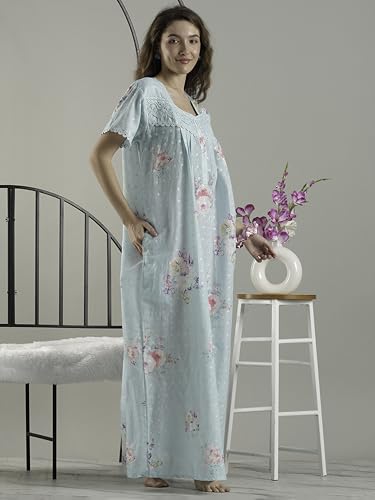Image of 9shines Label Stylish Chikankari Cotton Nighty Maxi for Women | Full Length Nightgown | Nightdress with Pocket | Embroidery Nighty | Soft Comfortable Cotton Nightwear (1545)