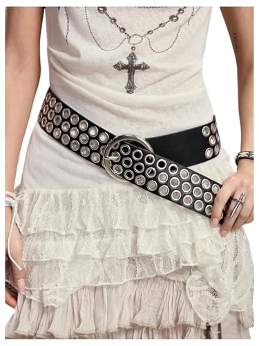 MakeMeChic Women's Faux Leather Round Buckle Belt Grommet Eyelet Punk Vintage Waist Belts