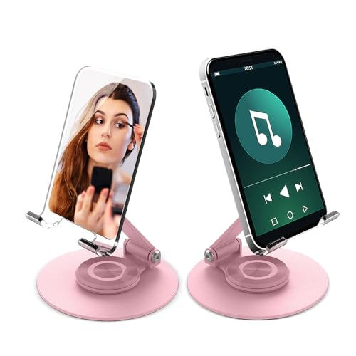 GHKLNY Foldable Phone Stand with Makeup Mirror-Adjustable Cell Phone Holder with Desk 360° Rotating Cellphone Stand for iPhone 16 15 14 13 12 11 Pro, Max, Mini, iPad, Tablet (Pink)