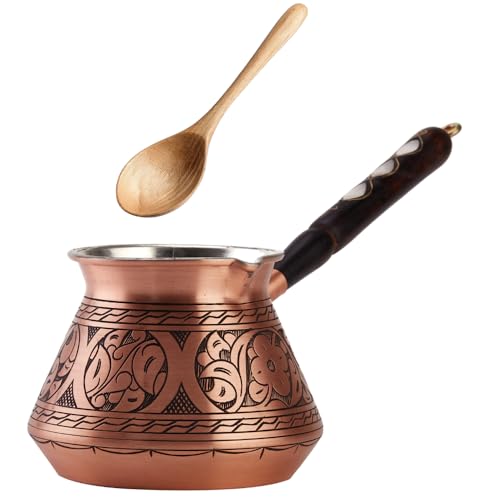 DEMMEX Copper Turkish Coffee Pot Cezve Ibrik Greek Coffee Briki Stovetop Coffee Maker with Wooden Handle & Spoon 1mm Thick Copper Handmade & Engraved in TURKEY 9 fl Oz - 3 Servings