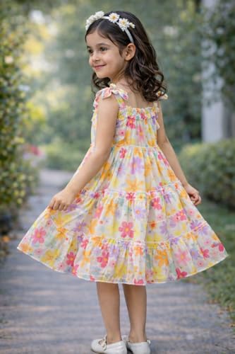 Image of Buy & Try Girls Printed Georgette Frock, Sleeveless Summer Dress, Lightweight Knee Length Baby Girl Dress, Casual Outfit, Soft Comfortable Fabric, Stylish Kids Wear
