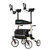 ELENKER Upright Walker, Stand Up Folding Rollator Walker with 10 Front Wheels Backrest Seat and Padded Armrests(Champagne)