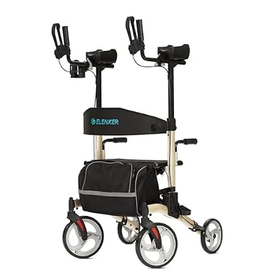 ELENKER Upright Walker, Stand Up Folding Rollator Walker with 10 Front Wheels Backrest Seat and Padded Armrests(Champagne)