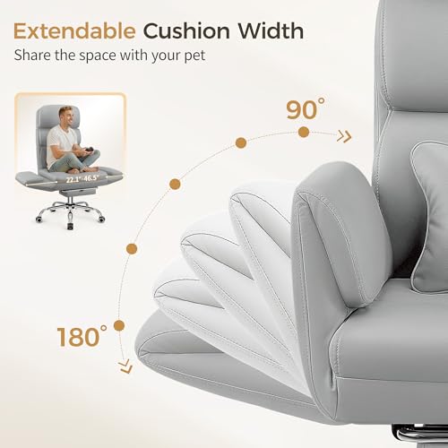 Image of Big and Tall Office Chair 500LBS, Ergonomic High Back Leather Executive Chair, Reclining Swivel with Adjustable Armrests Lumbar Support Footrest, Cross Legged, Light Gray