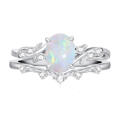 1.5 Carats Fire Opal Wedding Ring S925 Sterling Silver Twig Leaf Oval Opal Ring Bridal Set Opal Engagement Promise Ring for Women