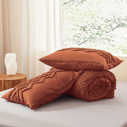 Image of Luxudecor Terracotta Boho Tufted Comforter Set Full Size 3 Pieces Boho Shabby Chic Comforter Farmhouse Embroidery Bedding Set Soft Comforter for All Seasons (Terracotta, 80''x90'')