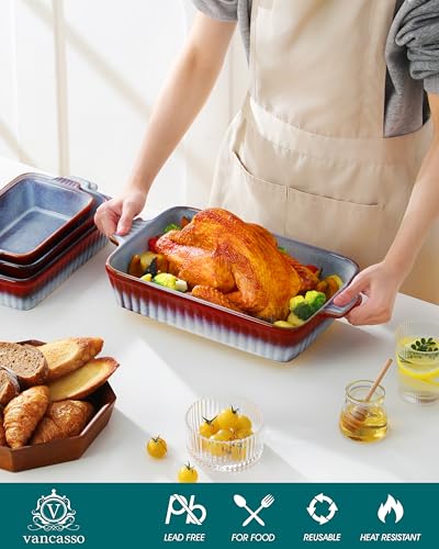 vancasso Ceramic Casserole Dishes for Oven, Reactive Glaze Baking Dishes Set of 4, Deep Rectangular Lasagna Pans with Handles, Ceramic Bakeware Set, Microwave Dishwasher Oven Safe, Gradient Red & Blue (9.4"/11.1"/12.2"/14.7") - Image 4