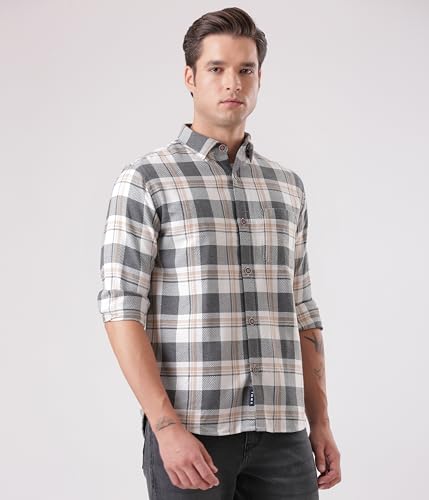 Image of TURMS Men's Casual Checks Shirts, Odor Control, Moisture Wicking, Button Down Collar, Cool Tech Cotton Fabric, Tailored Fit, Full Sleeve