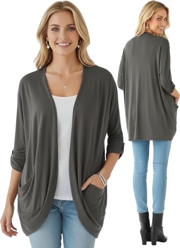 Image of ToBeInStyle Womens Open Front Long Sleeve Lightweight Asymmetrical Draped Cardigan with Side Pockets