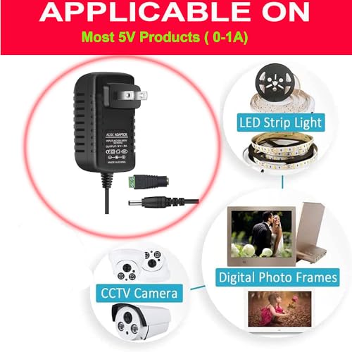 Image of Power Supply, 5V Power Transformers, AC 100-240V to DC 5V 1A Power Supply LED Adapter, 5 Watt Max, for LED Strip Neon Rope String Lights, Computer Project, Recorder, TV Screen