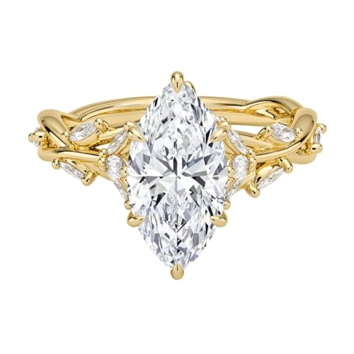 WENOOR 3 Carat Yellow Gold Marquise Cut Moissanite Engagement Ring, Secret Garden, Nature-Inspired Wedding Ring, Solid 10K/14K/18K Gold Anniversary Promise Ring for Her