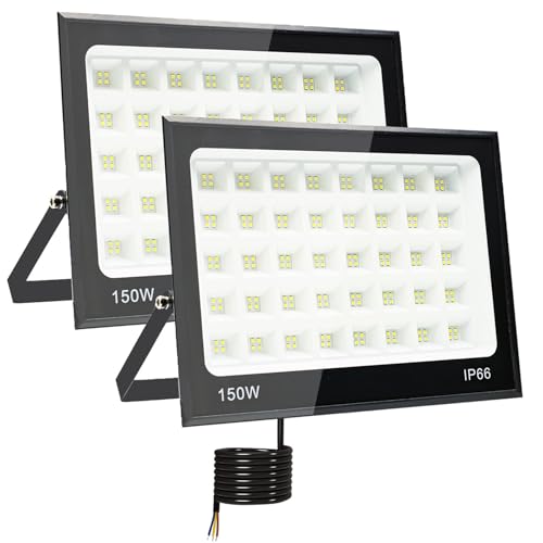Tkdaksy 2 Piezas Focos LED Exterior 150W, 2M Cable Blanco Frío 6500K Proyector LED Exterior, Resistente al Agua IP66 Foco Proyector Led, 15000LM para Terrazas, Patios, Balcones, Parques, Garajes