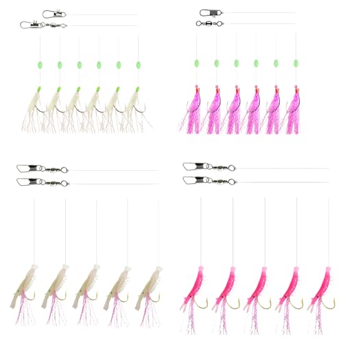 4 Pack Set Mackerel Cod Feathers Sea Fishing Rig 6 Hook size 2/0 Shrimp Jigs Pier Boat Lure Herring Pollock Whiting Pre Tied 10 hooks Flashes Luminous Bead Prawn Shrimp Glow Green Pink Purple Red