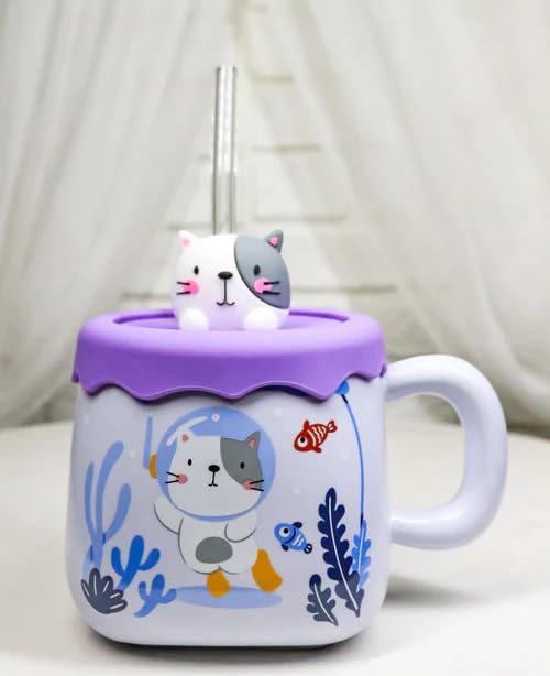 Image of Coffee Mug, Gift for Woman, Birthday Present for Girlfriend, Present for Wife Birthday, Mugs for Present, Holi Gifts, Panda Mug with Lid & Spoon Kids Milk Mug (Cat With Sea Fishes Purple)