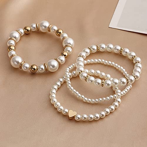 Caiyao Temperament Fashion Imitated Pearl Stackable Layered Bracelets Statement Big Large Faux Pearl Bead Heart Bangle White Round Pearl Seed Bracelets For Women Girls Jewelry-4Pcs #TOP2