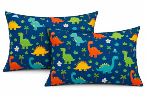 Image of Microfiber Pillow Cover 17x27 Inch (Pack of 2) | Soft & Durable | Ideal for Bed & Sofa Blue Dinosaur
