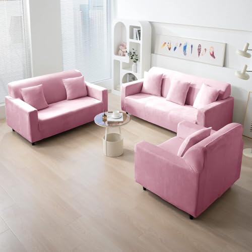 Image of HOKIPO 200 GSM Premium Velvet Series Elastic Sofa Cover 3 Seater, Pink (NEW-AR-4738-PNK)
