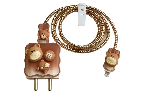 Image of Dezet For iPhone Charger 18-20W Cute Cartoon Charging Cable Protector Set For iPhone Fast Charging USB Cable With Protective Silicone Cover & Organizer Clip Stylish Design (M BROWN),1M