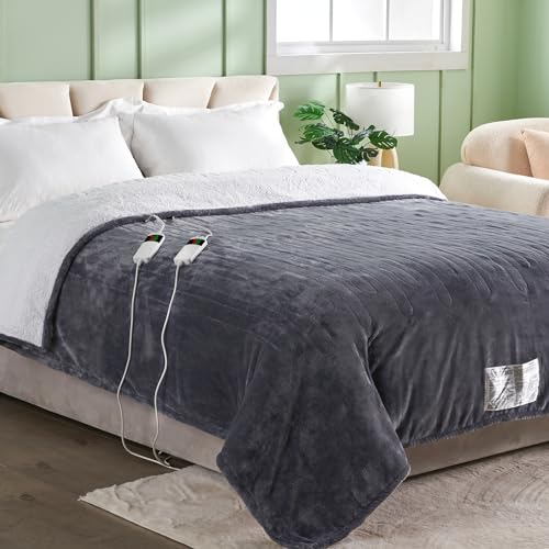 BOMOVA Heated Electric Blanket King Size, 90\" x 108\" Heating Blanket with Dual Control, 10 Heating Levels & 8 Hours Auto Off, Super Cozy Soft Sherpa Blanket with Fast Heating Overheating Protection