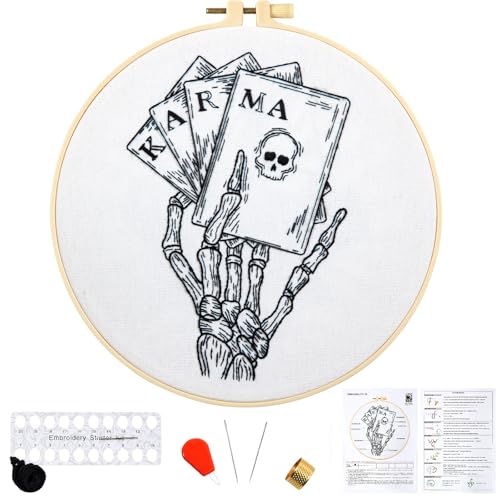 Gothic Tarot Embroidery Kits for Beginners Adults, Halloween Hand Bone Embroidery Starter Kits, Skull Cross Stitch Kits for Beginner Adults Hobbies for Women, Embroidery Fabric, Hoops & Video Tutorial
