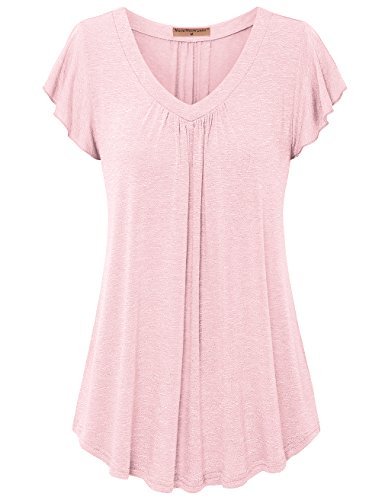 Meow Meow Lace Women's V Neck Pleated Tunic Top Lotus Short Sleeve T Shirt Blouse Pink XL