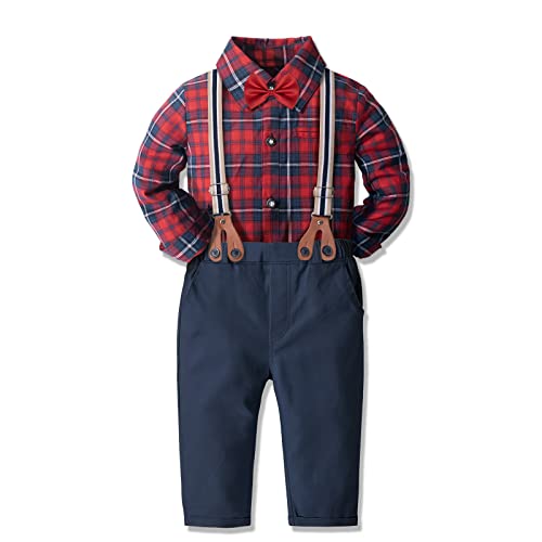 Image of Yilaku Toddler Baby Boy Clothes Gentleman Wedding Outfits, Formal Dress Shirt with Bowtie + Suspender 3 Monthes-4 Years