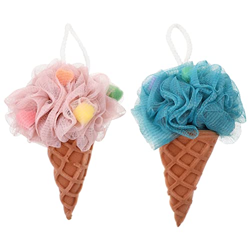 2pcs Adorable Ice Cream Bath Sponge Portable Shower Loofah with Lanyard Gentle Exfoliating Household Accessory for Relaxing Bath Experience Quick-Drying Space-Saving