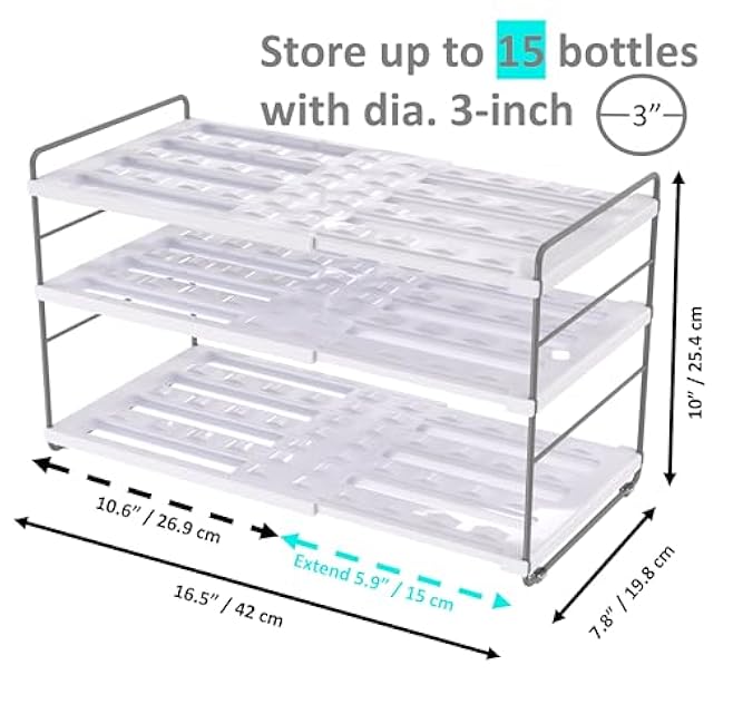 YAN & HIN 15 Bottles Cabinet Organizer Extendable Kitchen Cabinet Organizer with Adjustable Height, 3-Tier Water Bottle Holder, Pantry Pantry Organizers Cup Rack for Cabinet