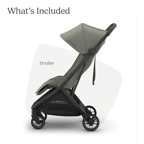 Image of UPPAbaby Minu V3 Travel Stroller | Lightweight + Compact Design | One-Hand Fold + Unfold | from Birth + Overhead Compatible | Evelyn (Meadow Green /Carbon Frame /Chestnut Leather)
