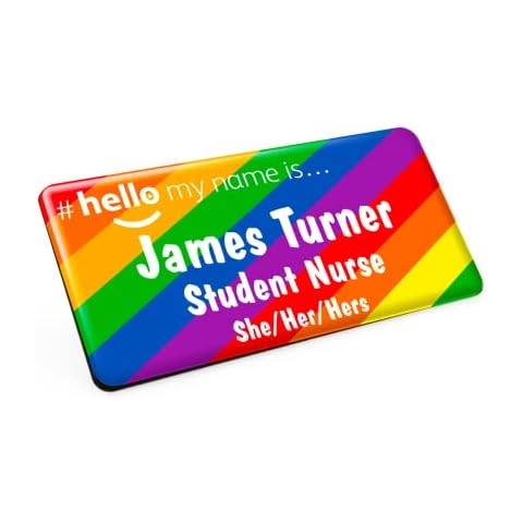Large Diagonal Stripes Rainbow Hello My Name is Premium Durable Personalised Name Badge White Black 76 x 38mm Cover