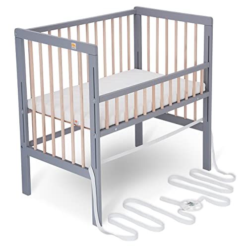 FabiMax Baby Beistellbett für Boxspringbett, TÜV geprüft 2022, Buche massiv grau/Natur, inkl. Matratze Classic
