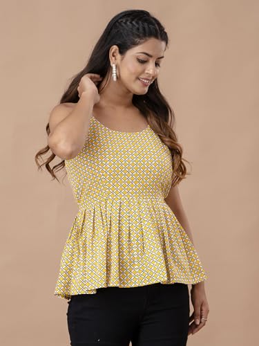 Image of feranoid Women Cotton Printed Sleeveless Strap Peplum Top