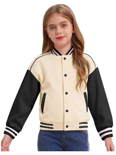 JEATHA Kids Girls Varsity Bomber Jacket Lightweight Button-Down Coat Long Sleeve Baseball Sweatshirts