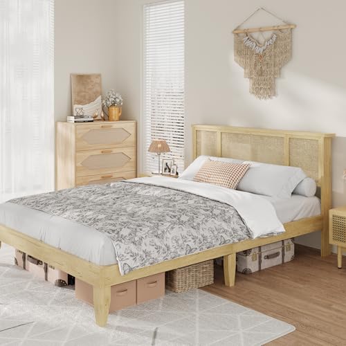 GAOMON Queen Bed Frame with Natural Rattan Headboard, Strong Wooden Slats, Sturdy Metal Platform, Bohemian Cane Mattress Support, No Box Spring Needed, Combining Style and Strength