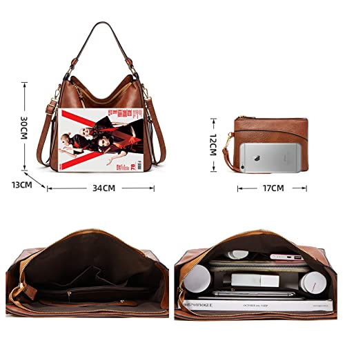 kit de bolsa femininas 2 peças vintage bolsa de ombro com carteira grande capacidade feminina de cou