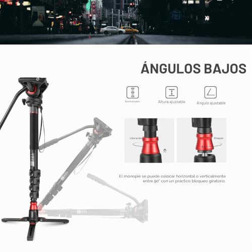 Miniatura 2 de Neewer Gm76 - Monopié Para Cámara Profesional Con Pies, 179 Cm, Telescópico, Portátil, De Aluminio, Para Viajes, Cabezal De Fluido Inclinable Y Base Extraíble Para Cámara Dslr, Carga Máxima De 6 Kg