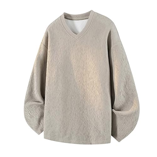 Men V Neck Casual Sweatshirt Long Sleeve Loose Fit Fleece Lined Pullover Fashion Thermal Base Layer Tees Comfy Shirt Khaki