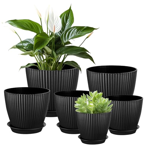 Kalizoi Blumentopf 10-17 cm Durchmesser, Kunststoff Blumentöpfe mit Untersetzer Drainagelöcher, Rund übertopf für Zimmerpflanzen, Pflanzkübel kräutertopf für Innen außen (6er-Set, Schwarz)